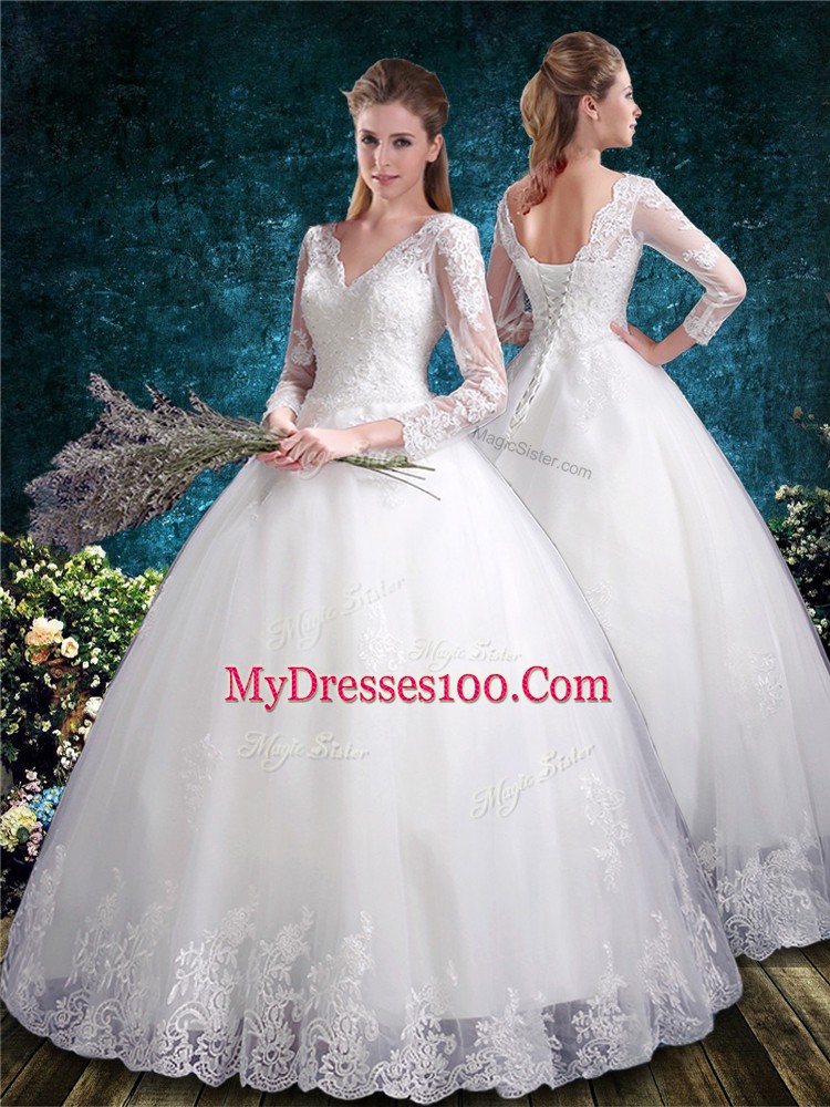 Top Selling White Tulle Lace Up Wedding Gowns 3 4 Length Sleeve Floor Length Lace