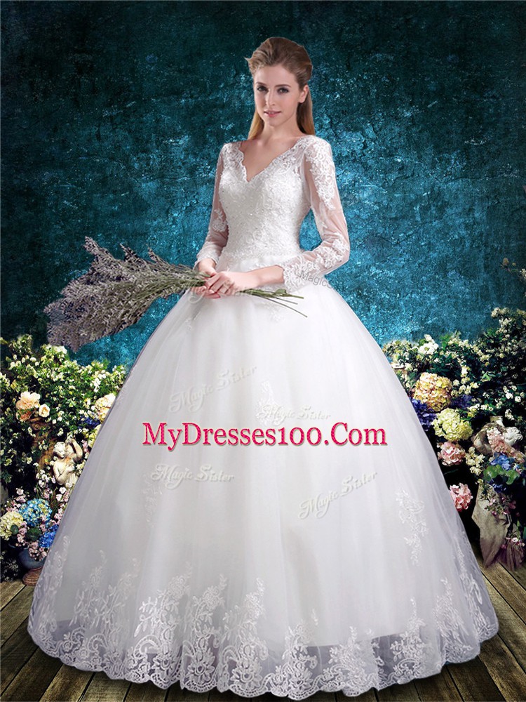 Top Selling White Tulle Lace Up Wedding Gowns 3 4 Length Sleeve Floor Length Lace