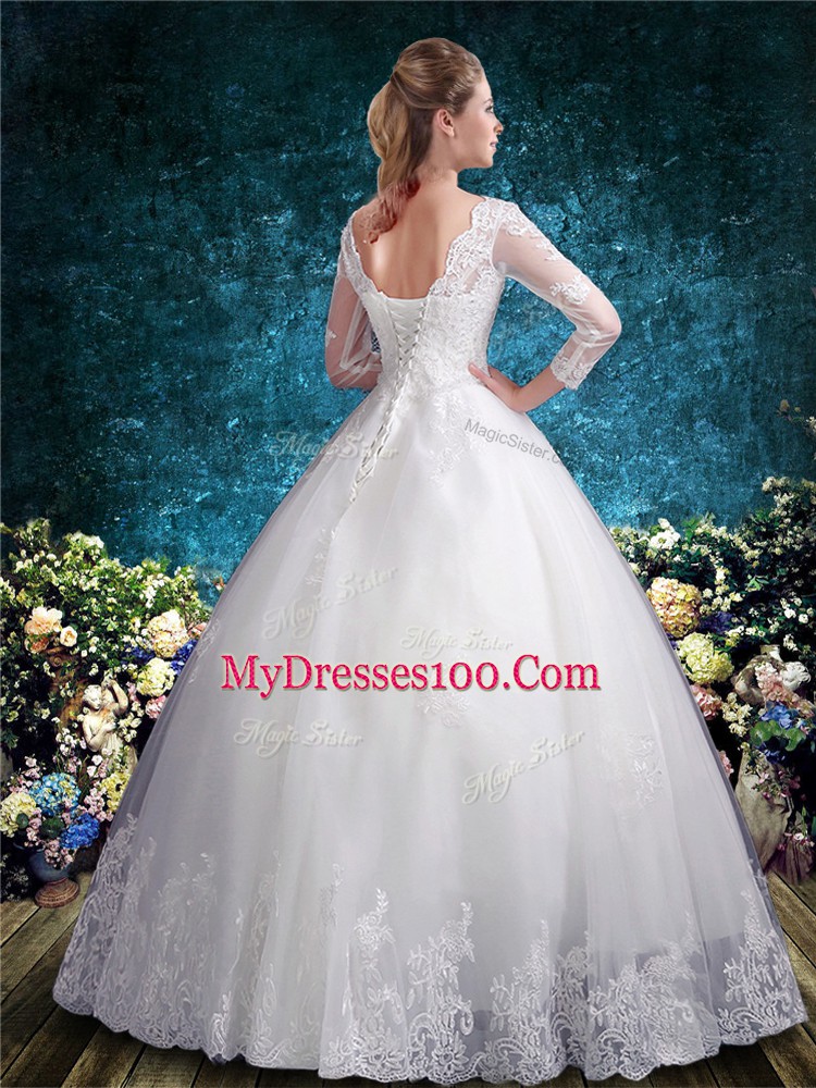 Top Selling White Tulle Lace Up Wedding Gowns 3 4 Length Sleeve Floor Length Lace