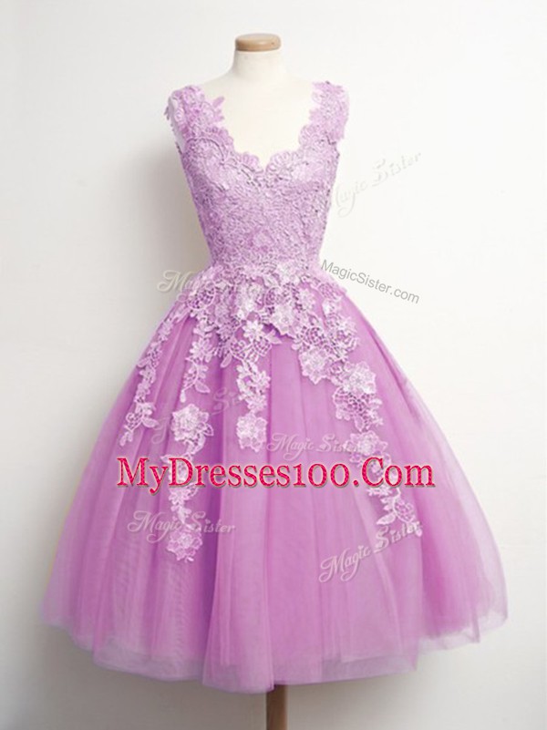 Luxury Sleeveless Lace Up Knee Length Appliques Wedding Guest Dresses
