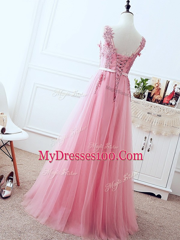 Affordable V-neck Sleeveless Homecoming Dress Floor Length Lace and Appliques and Belt Pink Tulle