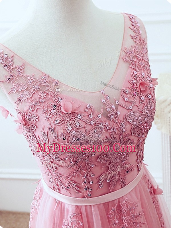 Affordable V-neck Sleeveless Homecoming Dress Floor Length Lace and Appliques and Belt Pink Tulle