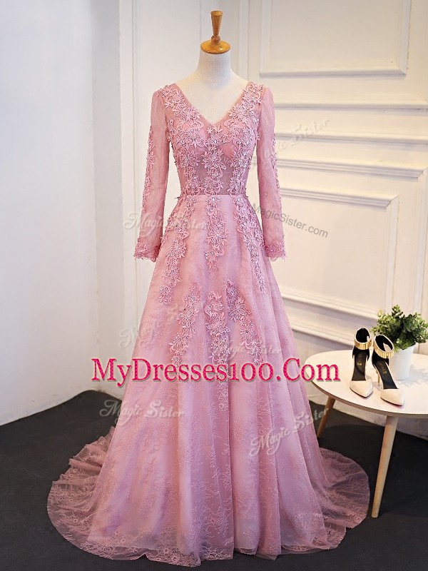 Lace Up Mother Of The Bride Dress Pink for Prom and Party and Military Ball and Sweet 16 with Lace and Appliques Brush Train