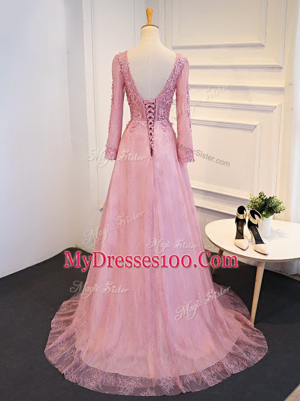 Lace Up Mother Of The Bride Dress Pink for Prom and Party and Military Ball and Sweet 16 with Lace and Appliques Brush Train