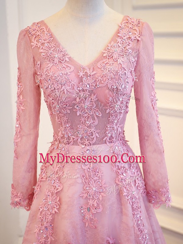 Lace Up Mother Of The Bride Dress Pink for Prom and Party and Military Ball and Sweet 16 with Lace and Appliques Brush Train