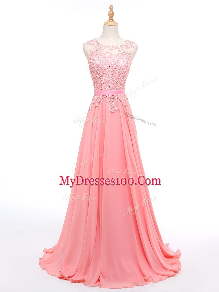 Elegant Lace Up Watermelon Red for Prom and Military Ball and Sweet 16 with Beading and Lace Brush Train
