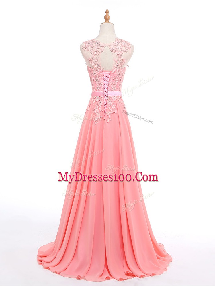 Elegant Lace Up Watermelon Red for Prom and Military Ball and Sweet 16 with Beading and Lace Brush Train