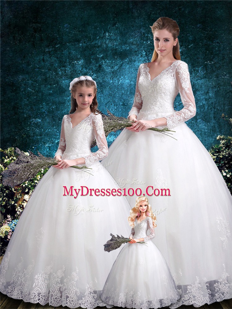 Half Sleeves Floor Length Lace Lace Up Sweet 16 Dress with White