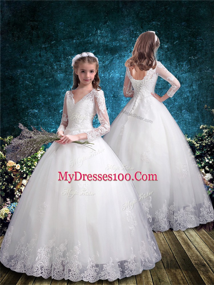 Half Sleeves Floor Length Lace Lace Up Sweet 16 Dress with White