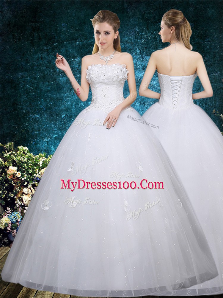 Decent White Sleeveless Organza Lace Up Wedding Dresses for Wedding Party
