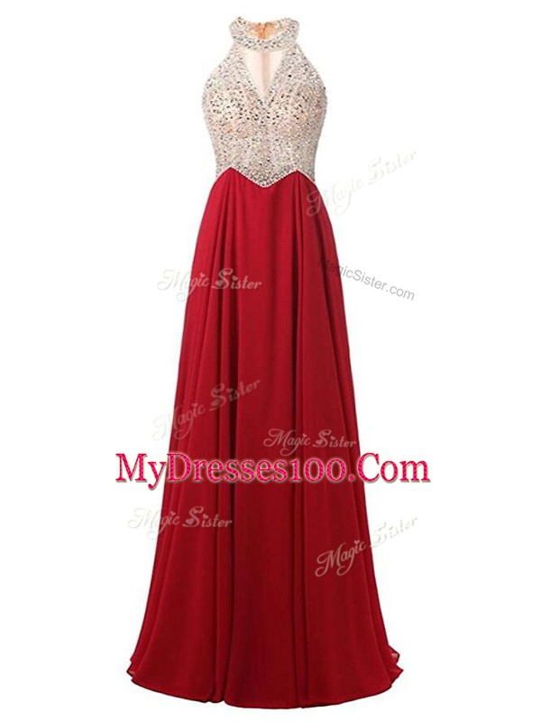 Fantastic Floor Length Wine Red Dress for Prom Chiffon Sleeveless Beading