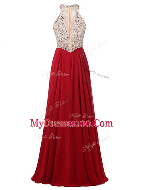 Fantastic Floor Length Wine Red Dress for Prom Chiffon Sleeveless Beading