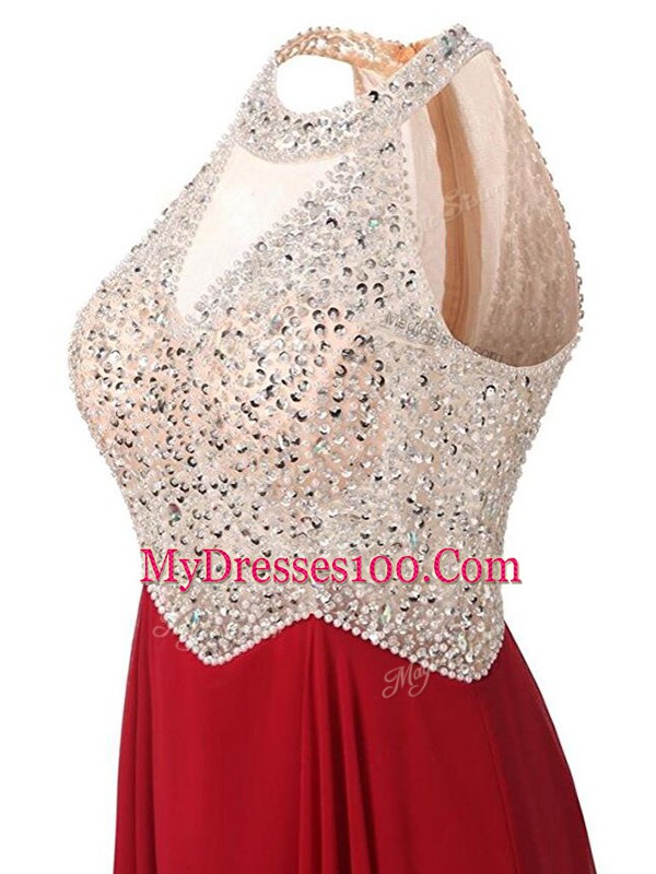 Fantastic Floor Length Wine Red Dress for Prom Chiffon Sleeveless Beading