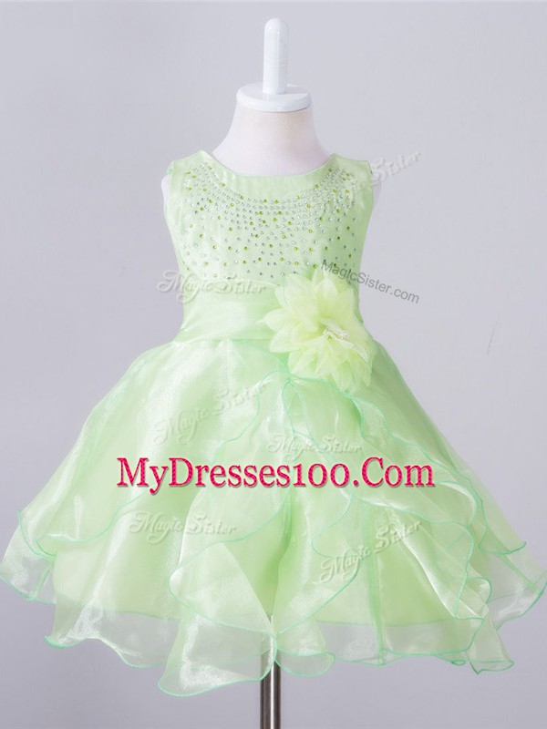 Scoop Sleeveless Flower Girl Dress Knee Length Beading and Hand Made Flower Yellow Green Organza