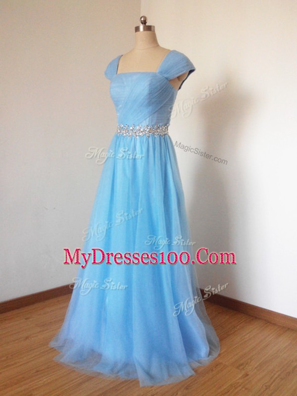 Baby Blue Cap Sleeves Beading Floor Length Court Dresses for Sweet 16