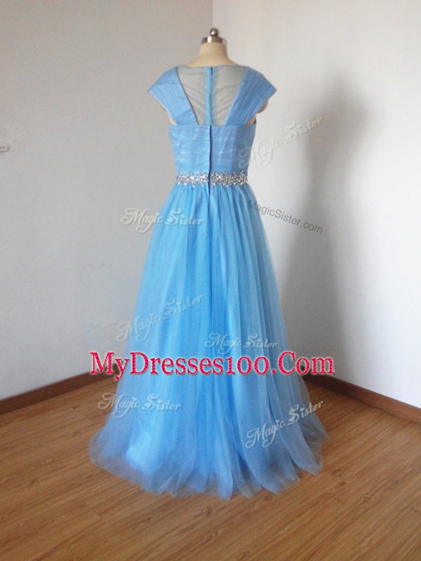 Baby Blue Cap Sleeves Beading Floor Length Court Dresses for Sweet 16