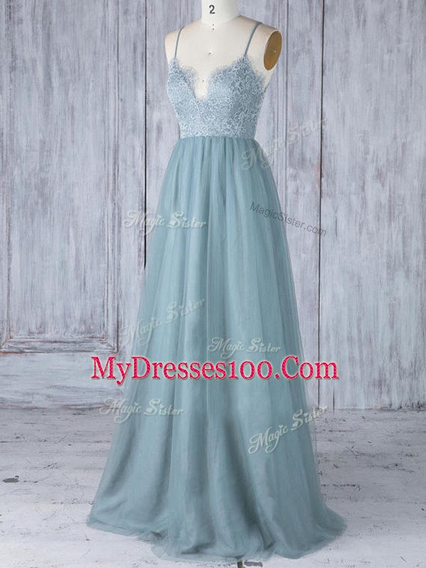 Exquisite Lace Bridesmaid Dress Grey Zipper Sleeveless Floor Length