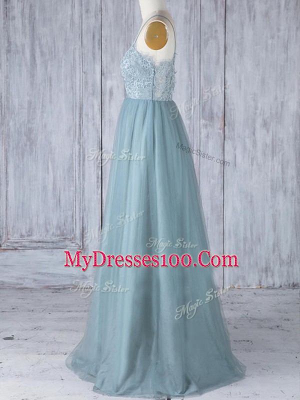 Exquisite Lace Bridesmaid Dress Grey Zipper Sleeveless Floor Length