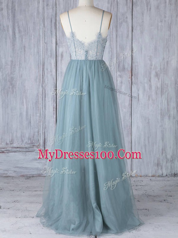 Exquisite Lace Bridesmaid Dress Grey Zipper Sleeveless Floor Length