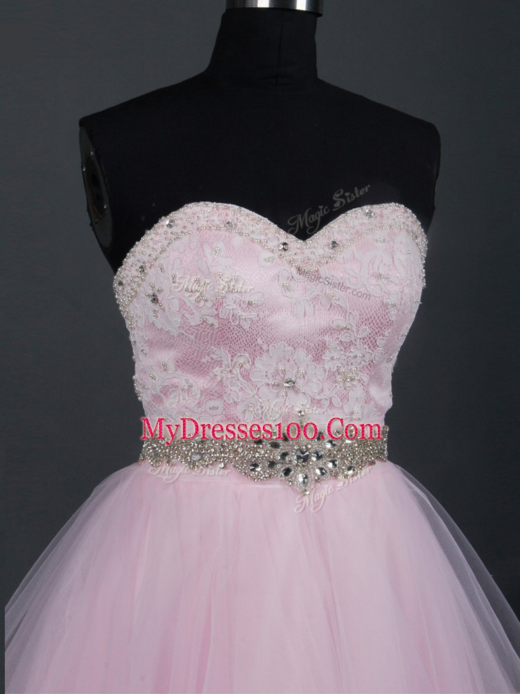 Fine Sweetheart Sleeveless Zipper Bridesmaid Gown Baby Pink Tulle