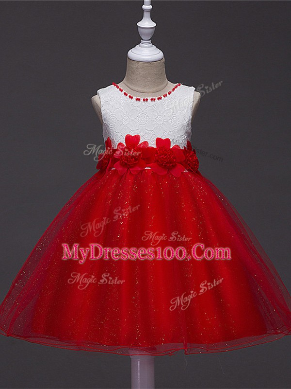Amazing Wine Red Scoop Neckline Lace and Hand Made Flower Little Girl Pageant Gowns Sleeveless Zipper