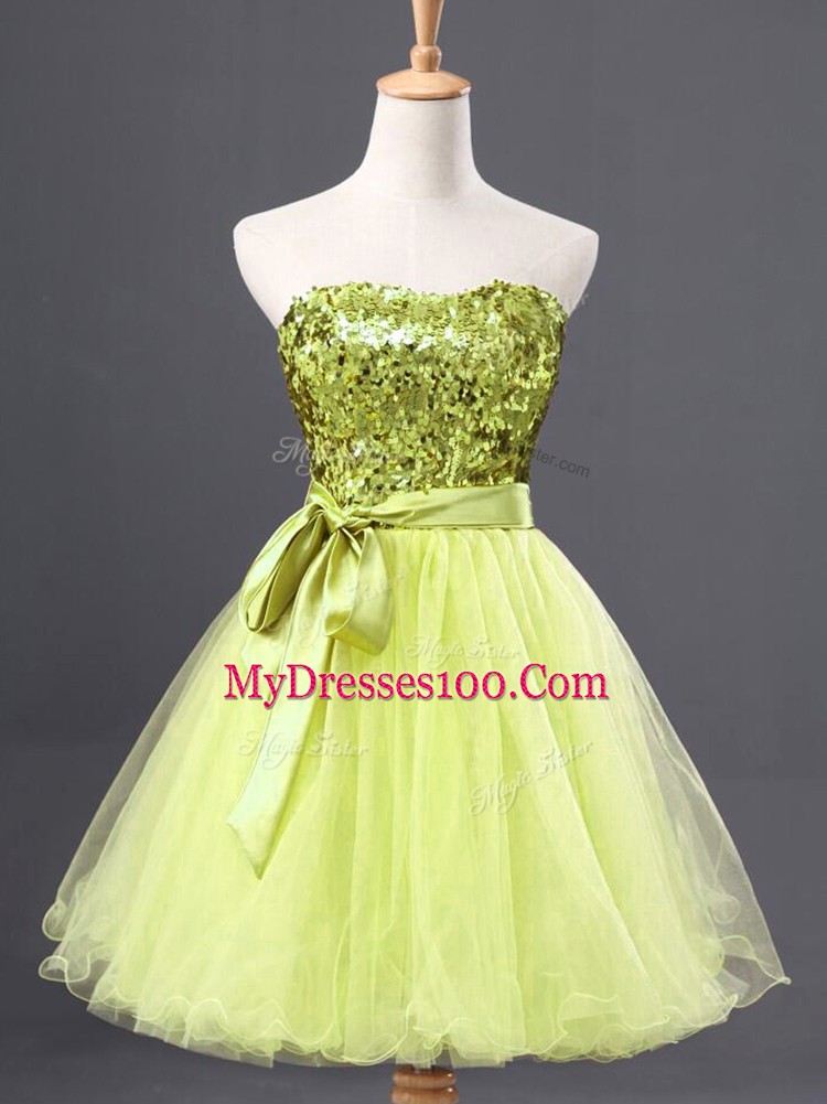 Super Yellow Green Tulle Zipper Sweetheart Sleeveless Mini Length Sequins