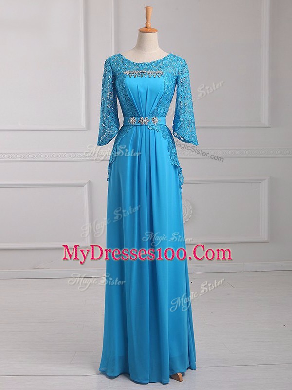 Customized Baby Blue Zipper Scoop Beading and Lace and Belt Mother of Bride Dresses Chiffon 3 4 Length Sleeve