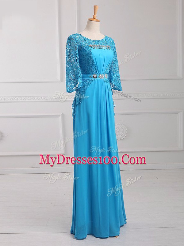 Customized Baby Blue Zipper Scoop Beading and Lace and Belt Mother of Bride Dresses Chiffon 3 4 Length Sleeve