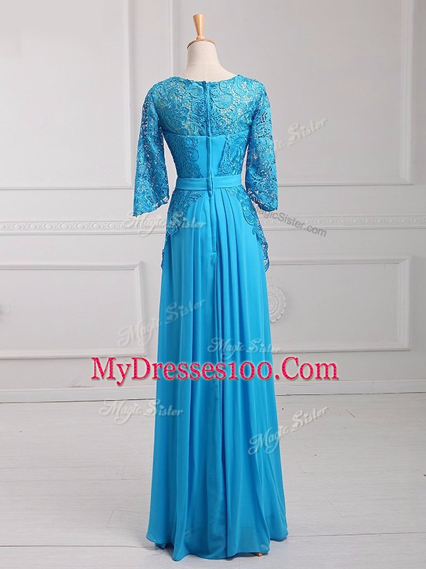Customized Baby Blue Zipper Scoop Beading and Lace and Belt Mother of Bride Dresses Chiffon 3 4 Length Sleeve