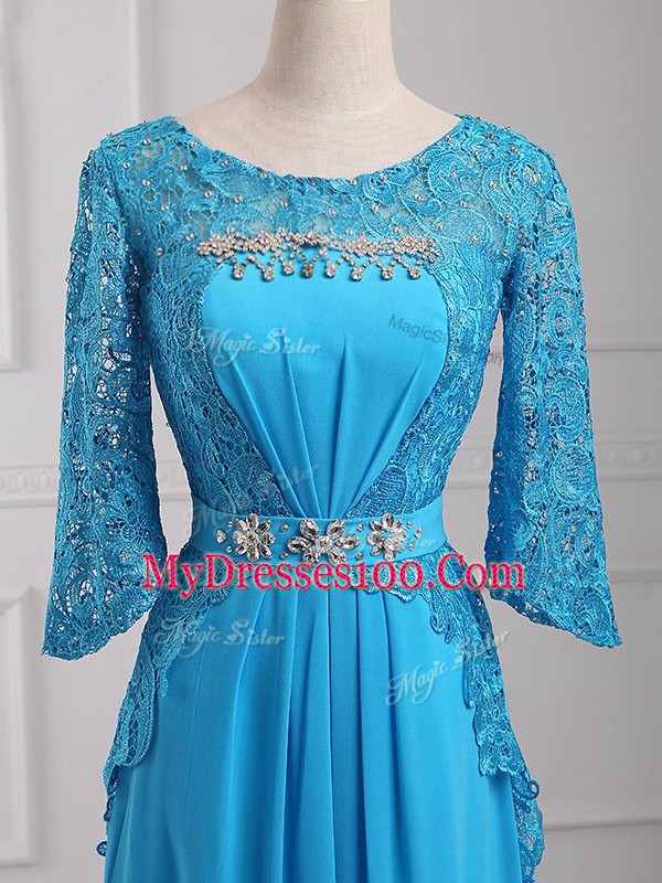 Customized Baby Blue Zipper Scoop Beading and Lace and Belt Mother of Bride Dresses Chiffon 3 4 Length Sleeve