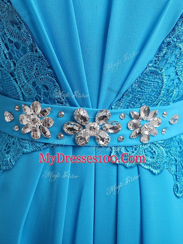 Customized Baby Blue Zipper Scoop Beading and Lace and Belt Mother of Bride Dresses Chiffon 3 4 Length Sleeve