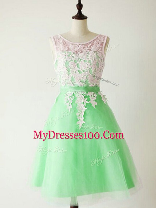 Perfect Sleeveless Tulle Knee Length Lace Up Quinceanera Court Dresses in Apple Green with Lace
