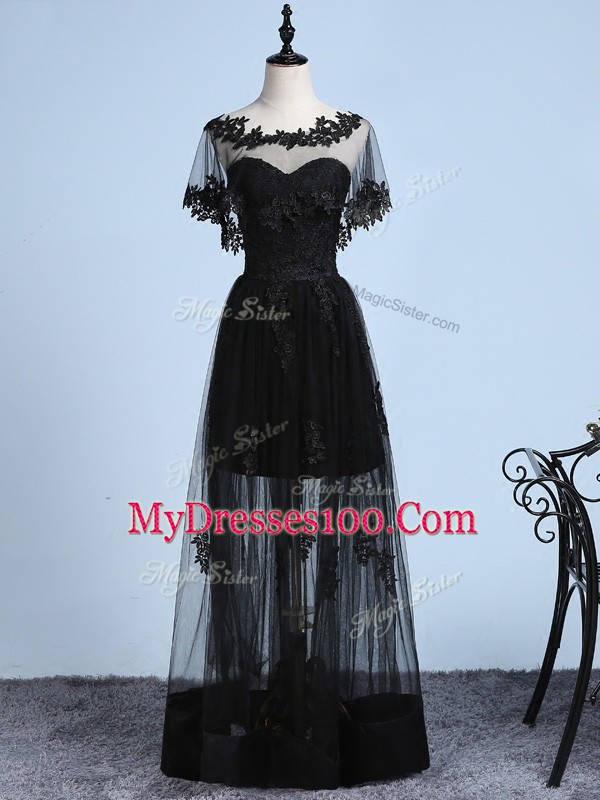 Tulle Scoop Short Sleeves Backless Embroidery Prom Gown in Black