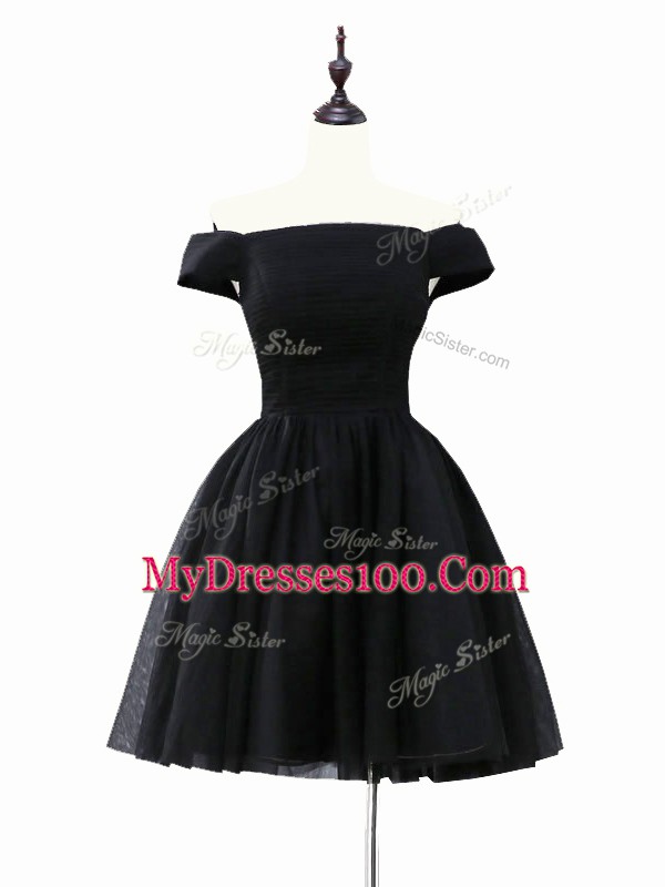 Black Sleeveless Mini Length Ruching Lace Up Prom Party Dress