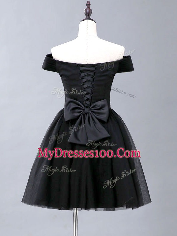 Black Sleeveless Mini Length Ruching Lace Up Prom Party Dress