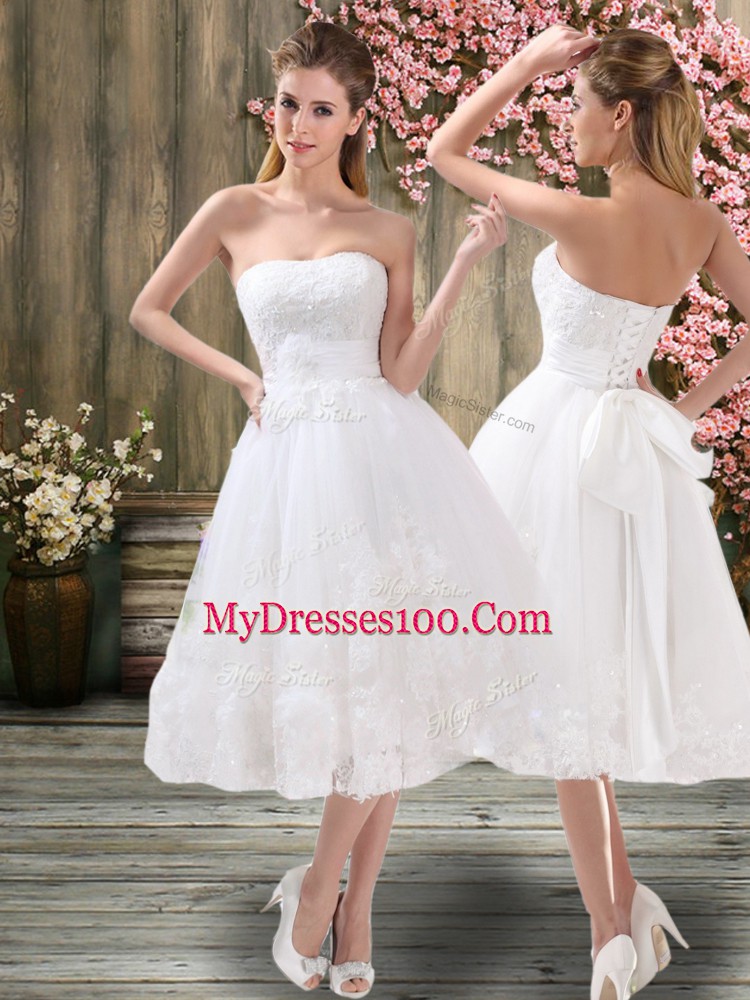 Extravagant White Sleeveless Appliques and Embroidery and Belt Tea Length Wedding Gowns