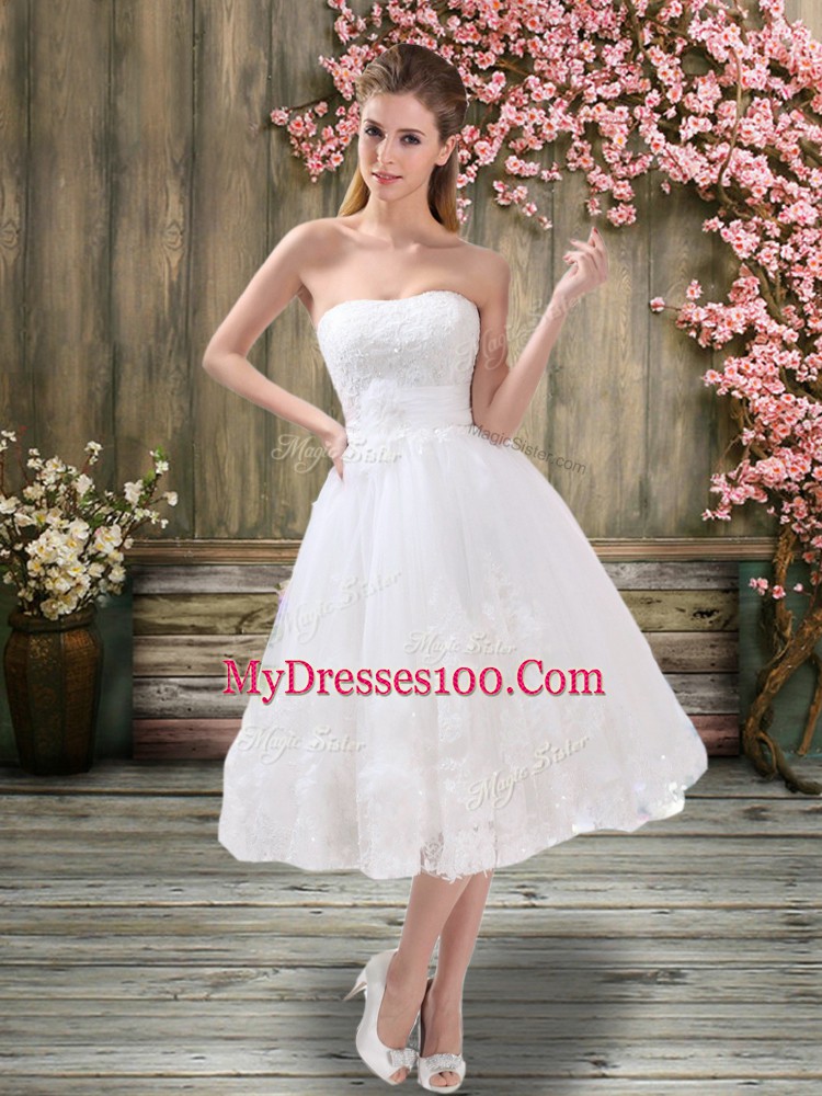 Extravagant White Sleeveless Appliques and Embroidery and Belt Tea Length Wedding Gowns