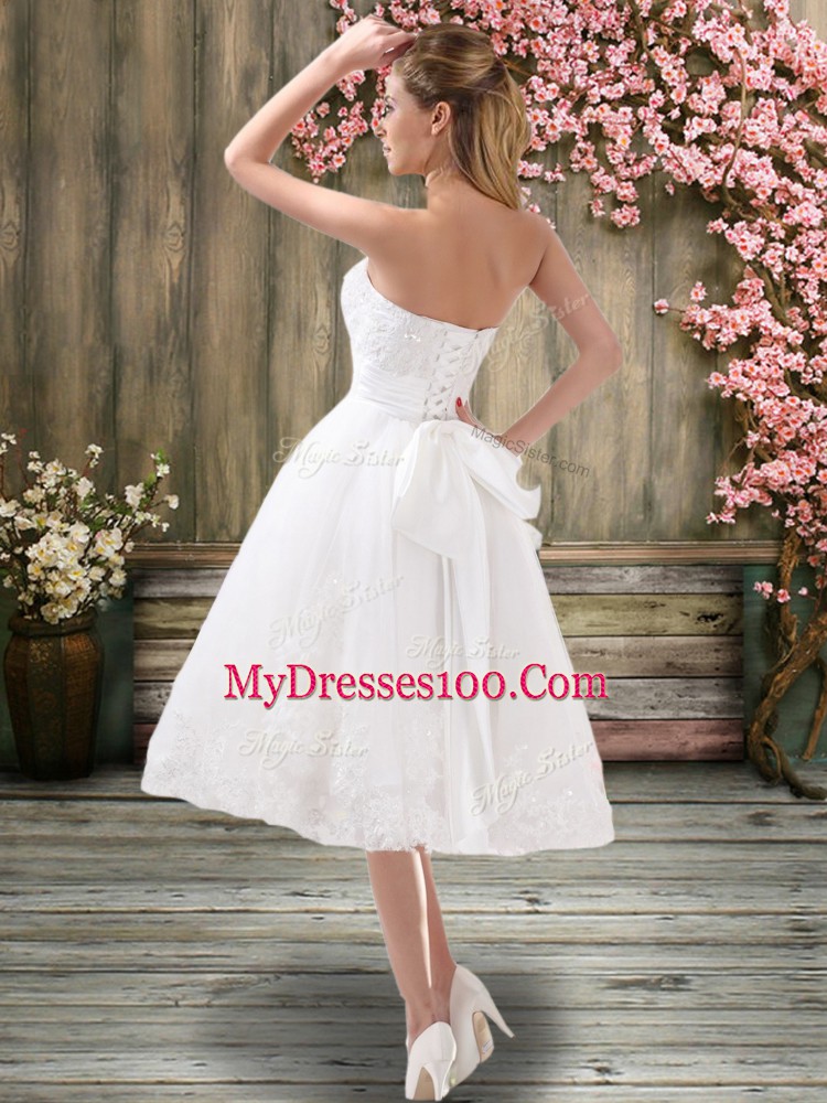 Extravagant White Sleeveless Appliques and Embroidery and Belt Tea Length Wedding Gowns