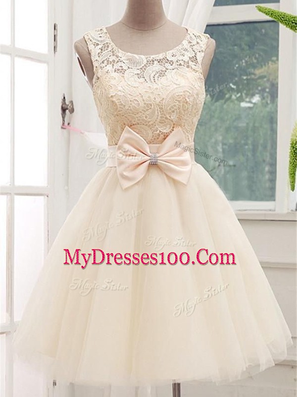 Champagne Sleeveless Tulle Lace Up Damas Dress for Prom and Party and Wedding Party