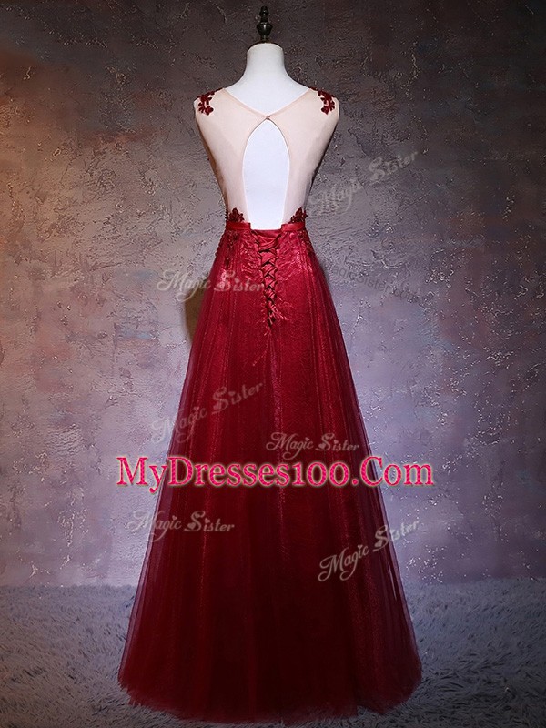 Wine Red Sleeveless Elastic Woven Satin Backless for Prom and Party