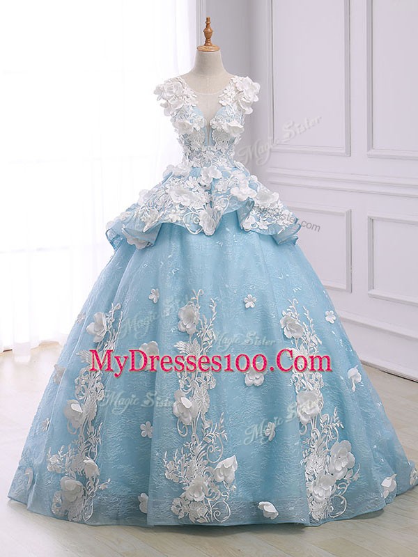 Light Blue Sweet 16 Dress Military Ball and Sweet 16 and Quinceanera with Appliques Scoop Sleeveless Court Train Lace Up