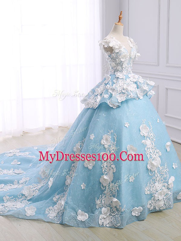 Light Blue Sweet 16 Dress Military Ball and Sweet 16 and Quinceanera with Appliques Scoop Sleeveless Court Train Lace Up