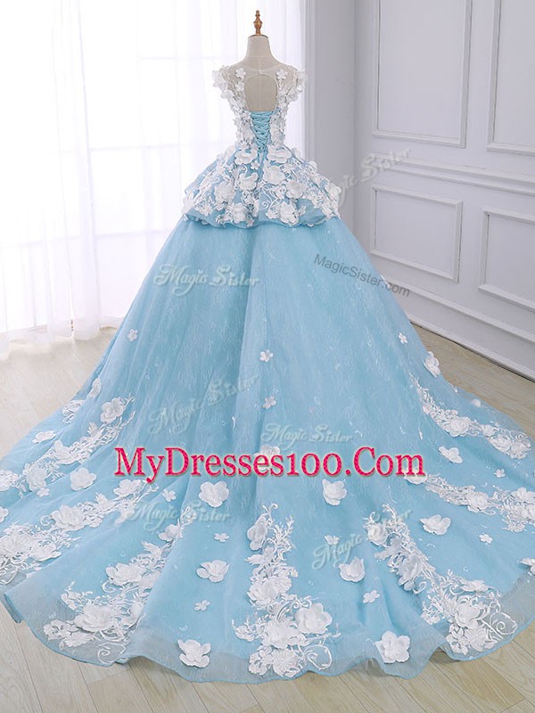 Light Blue Sweet 16 Dress Military Ball and Sweet 16 and Quinceanera with Appliques Scoop Sleeveless Court Train Lace Up