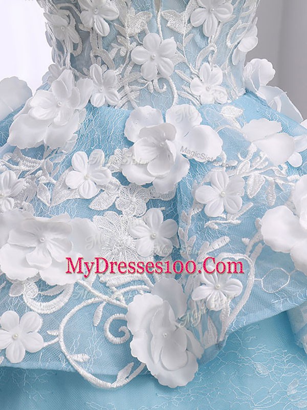 Light Blue Sweet 16 Dress Military Ball and Sweet 16 and Quinceanera with Appliques Scoop Sleeveless Court Train Lace Up