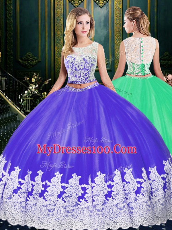 Best Selling Sleeveless Floor Length Appliques and Embroidery Clasp Handle Quince Ball Gowns with Blue And White