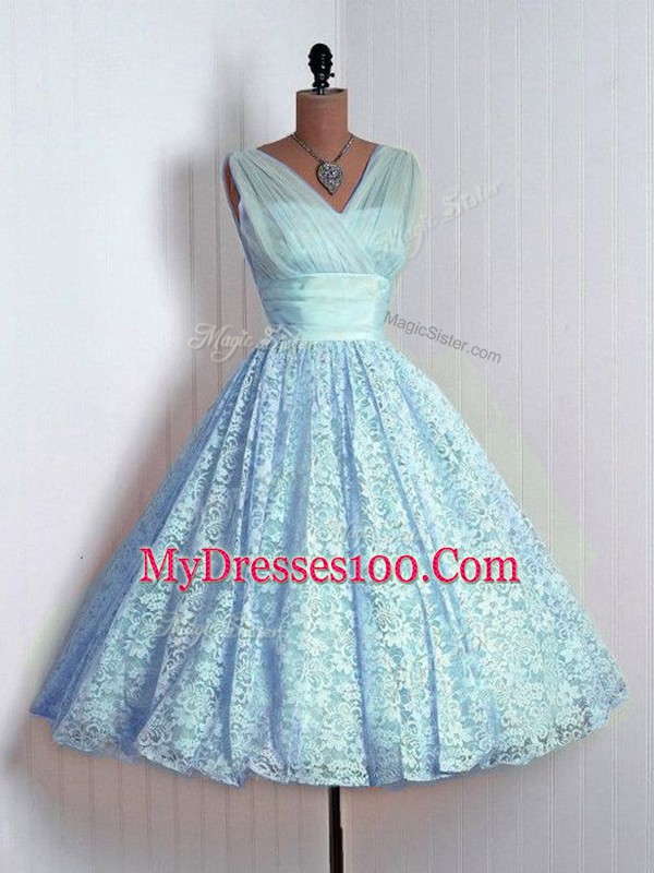 Glittering Sleeveless Lace Mini Length Lace Up Quinceanera Dama Dress in Baby Blue with Lace