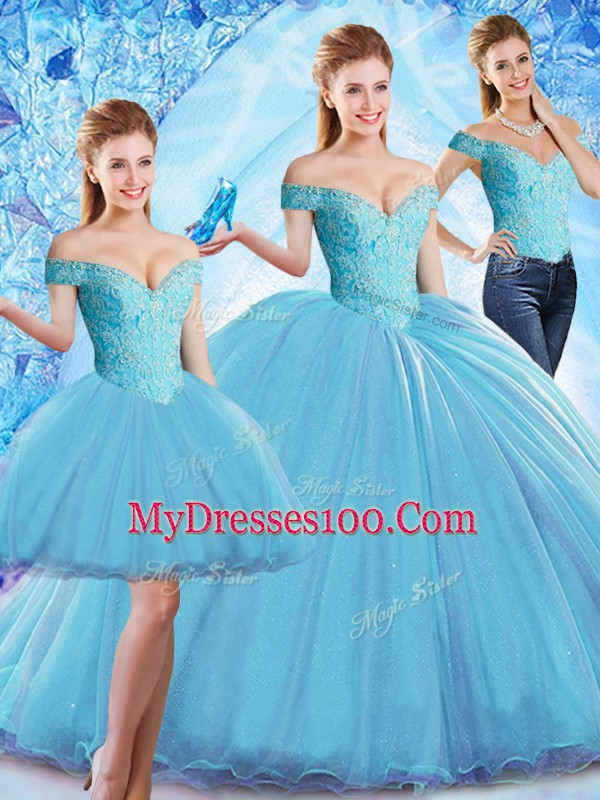 Baby Blue Sleeveless Sweep Train Beading Sweet 16 Dress