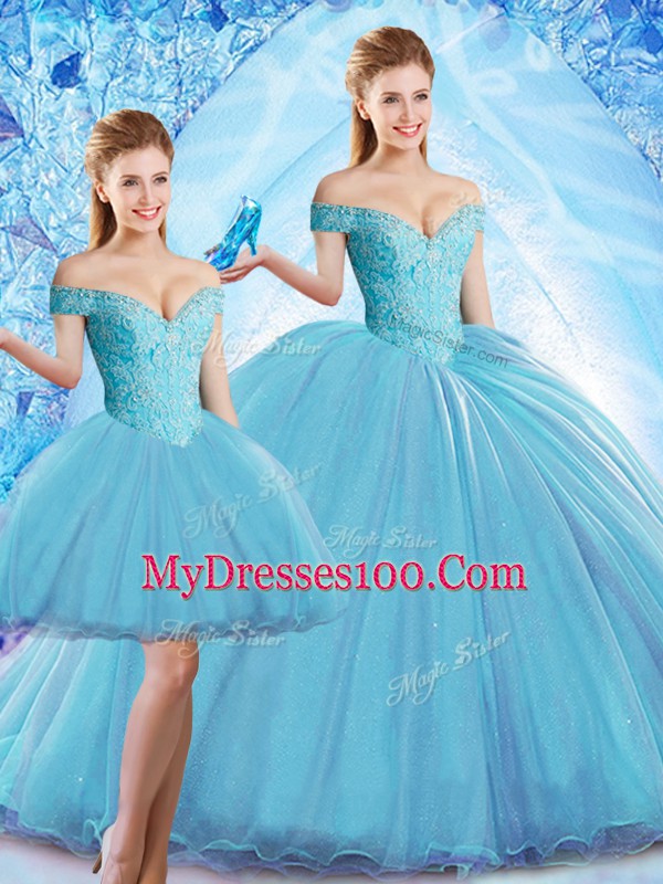 Baby Blue Sleeveless Sweep Train Beading Sweet 16 Dress