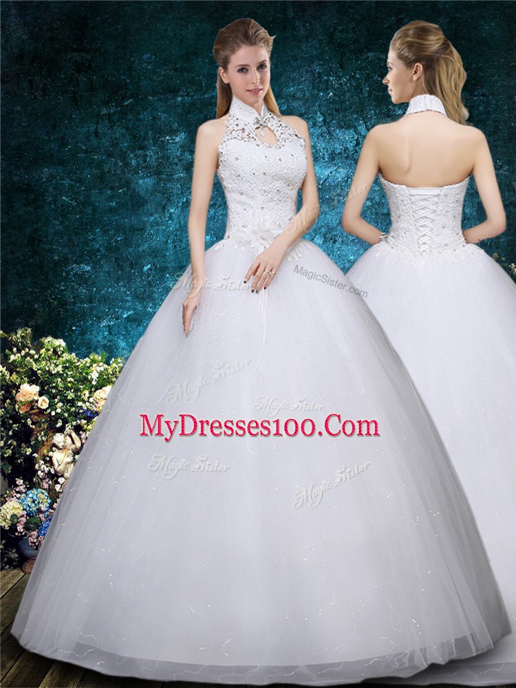 Unique Tulle High-neck Sleeveless Lace Up Beading and Embroidery Wedding Gowns in White