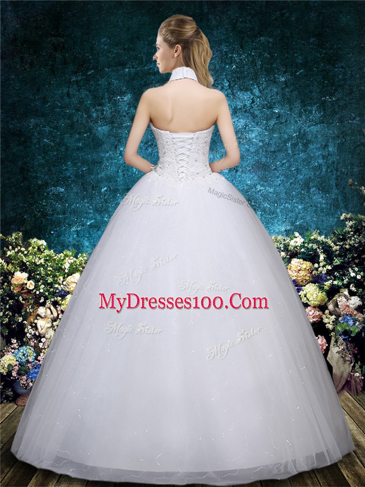 Unique Tulle High-neck Sleeveless Lace Up Beading and Embroidery Wedding Gowns in White